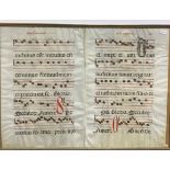 A framed and glazed illuminated musical manuscript in the mediaeval style,