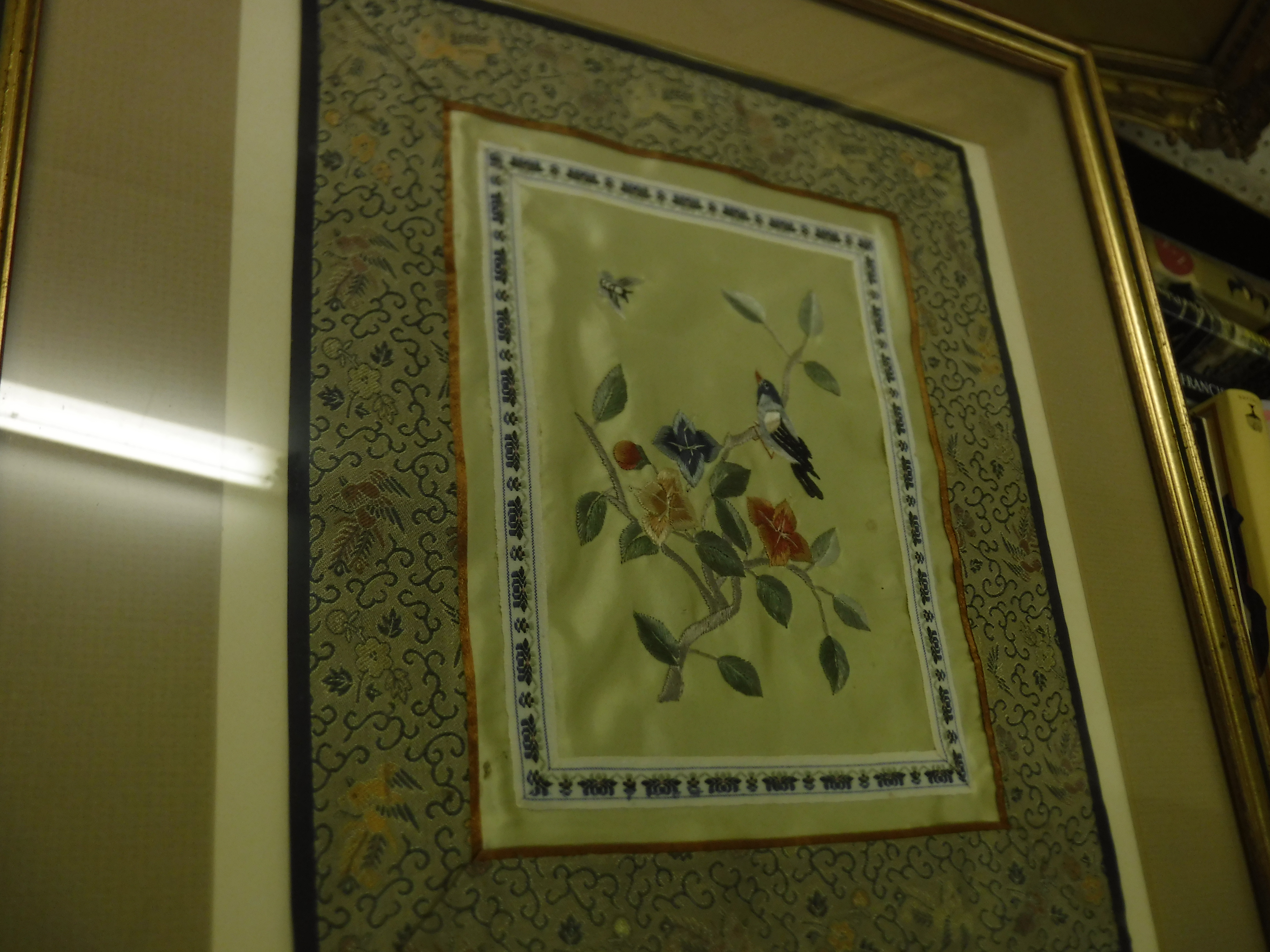 A set of four framed and glazed Chinese silk work panels of flowers, - Image 3 of 5