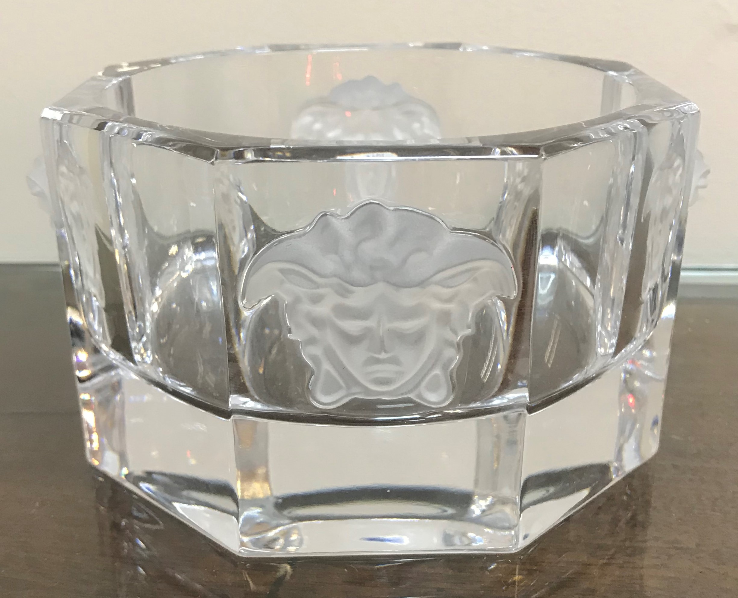 A crystal glass medusa wine or champagne bottle coaster marked rosenthal versace approx 1.