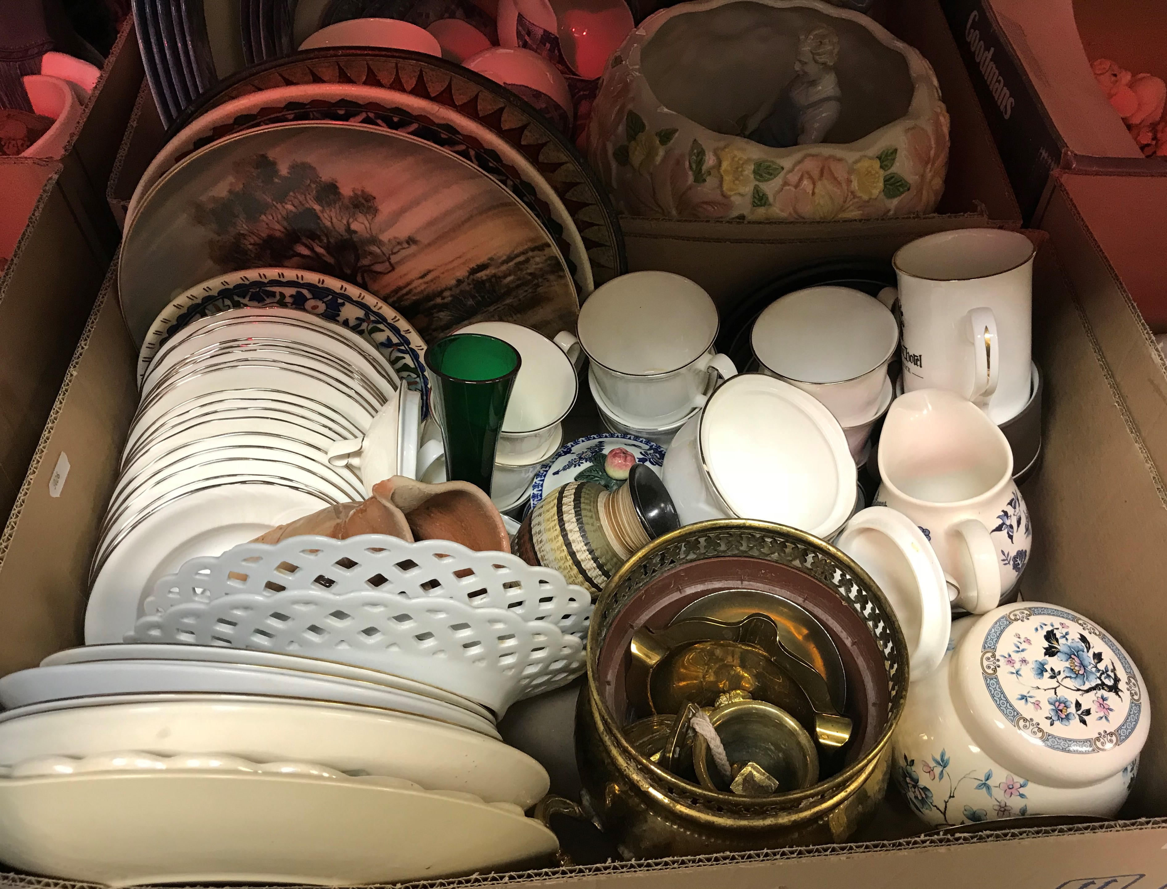 Four boxes of assorted china wares to include Doulton Everyday "Glenora" part dinner service,