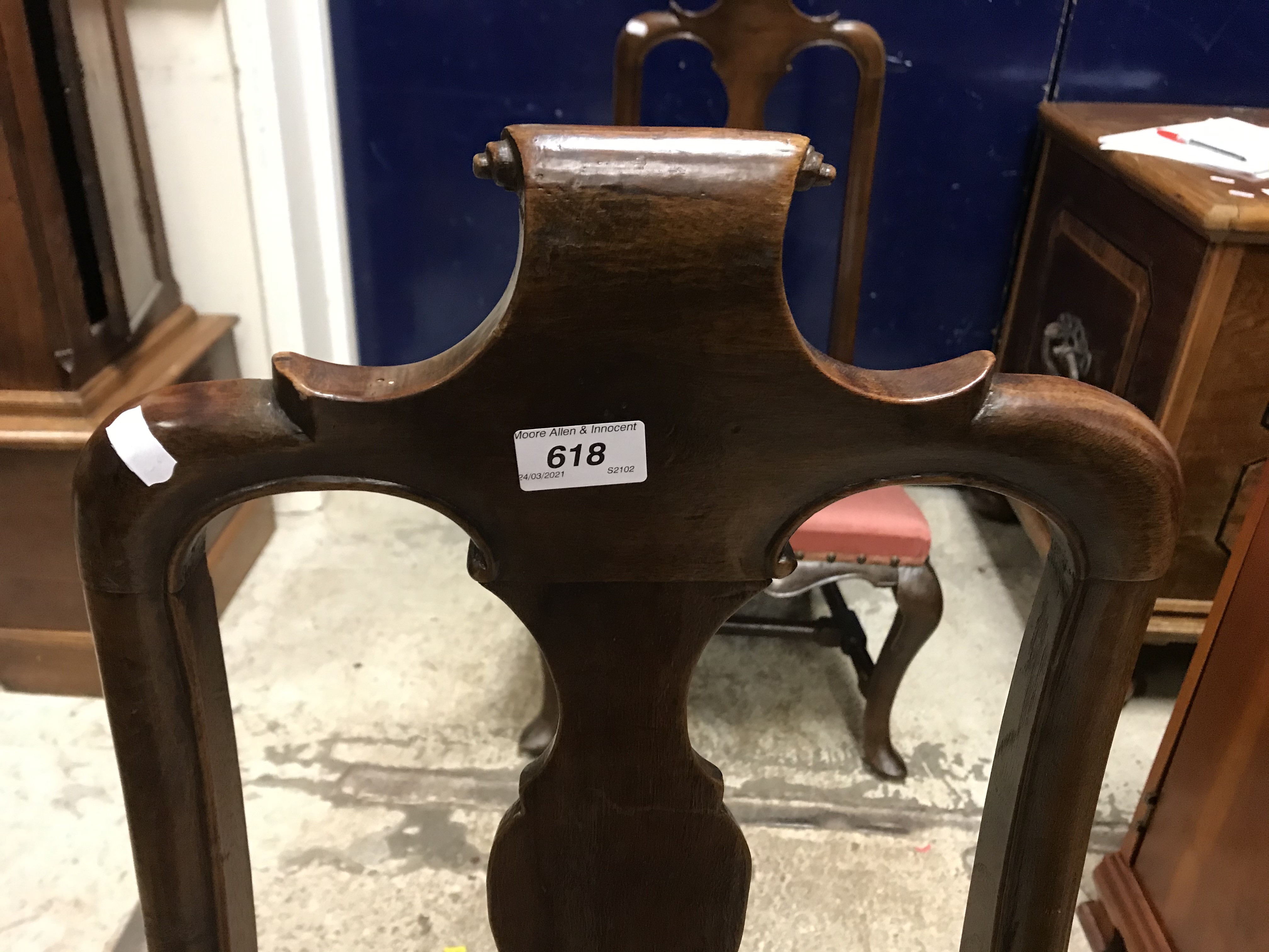 A pair of 18th Century walnut framed low chairs with scroll carved top rail and vase shaped back - Image 6 of 51