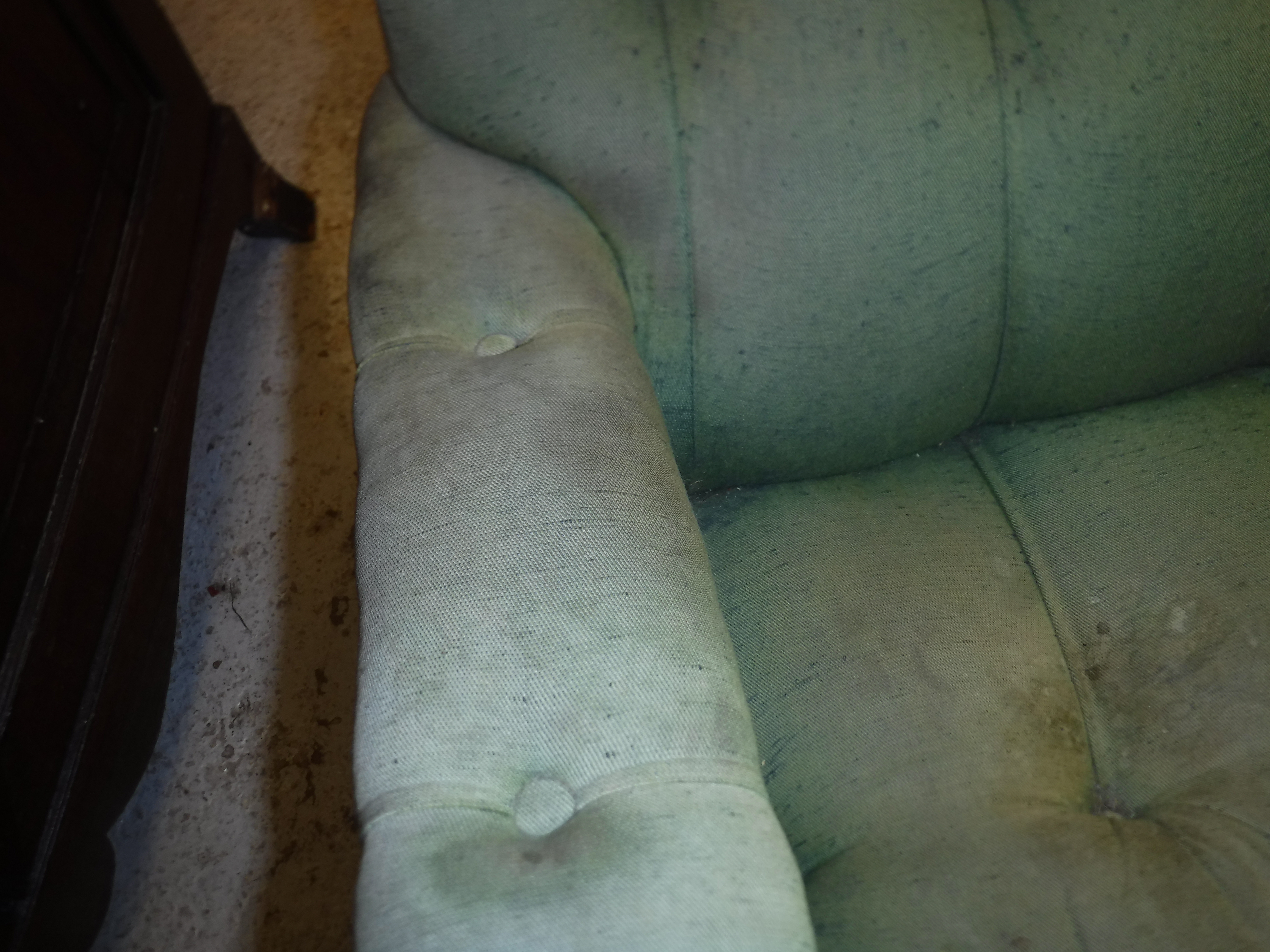 A Victorian green buttoned upholstered open arm chair on turned legs to castors, - Image 3 of 12