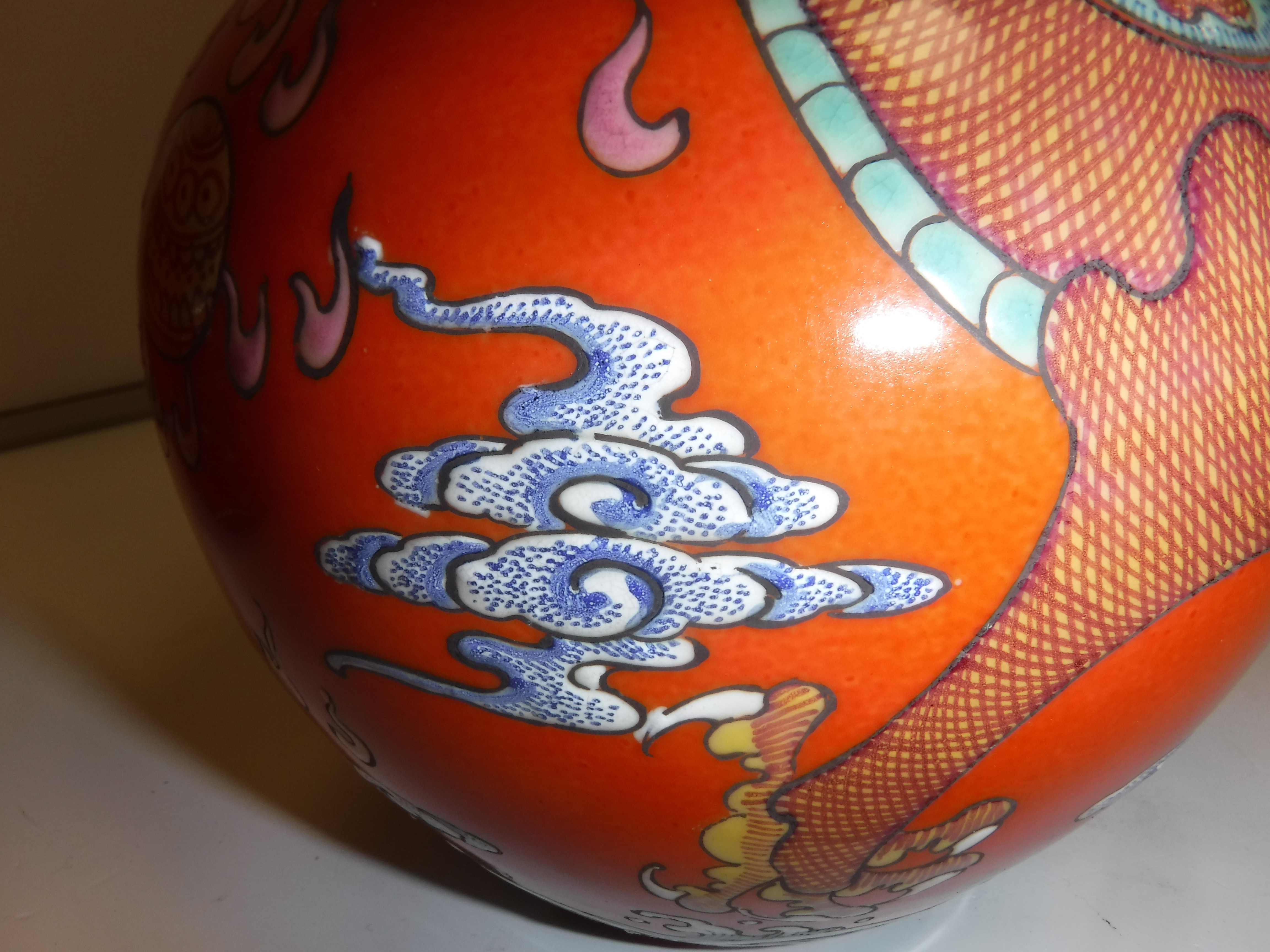 A pair of circa 1900 Chinese oxide red ground five toed dragon decorated vases bearing blue - Image 7 of 18