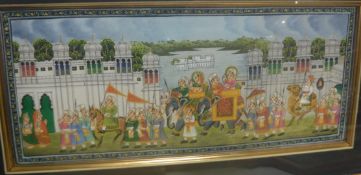 20TH CENTURY MUGHAL SCHOOL "Aristocratic Indian party with figures riding elephants and with