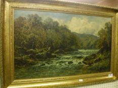 CHARLES L SHAW "River landscape with figure fishing in foreground", oil on canvas,