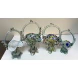 Three boxes of assorted glassware to include Murano style baskets, various vases,