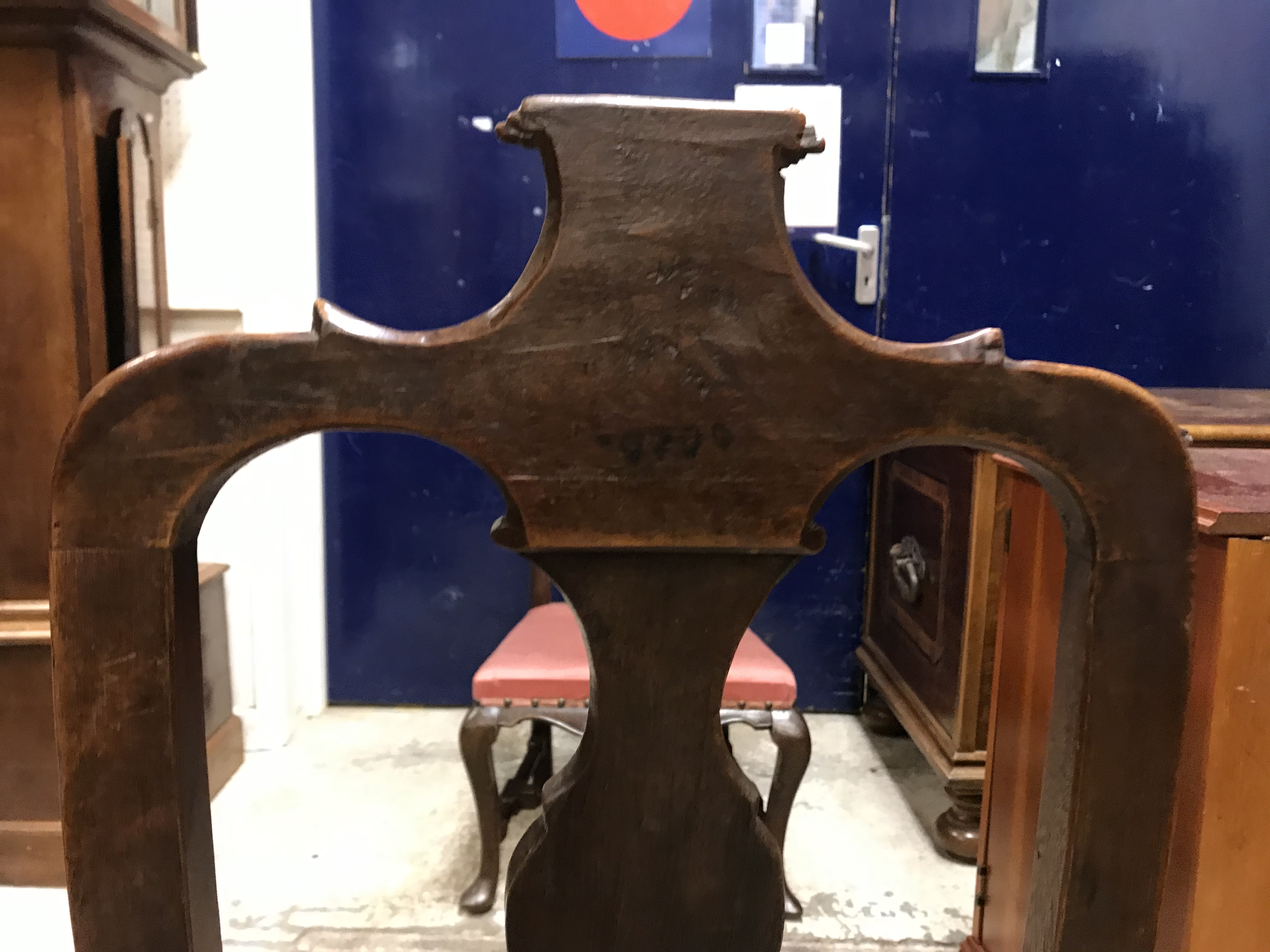 A pair of 18th Century walnut framed low chairs with scroll carved top rail and vase shaped back - Image 14 of 51