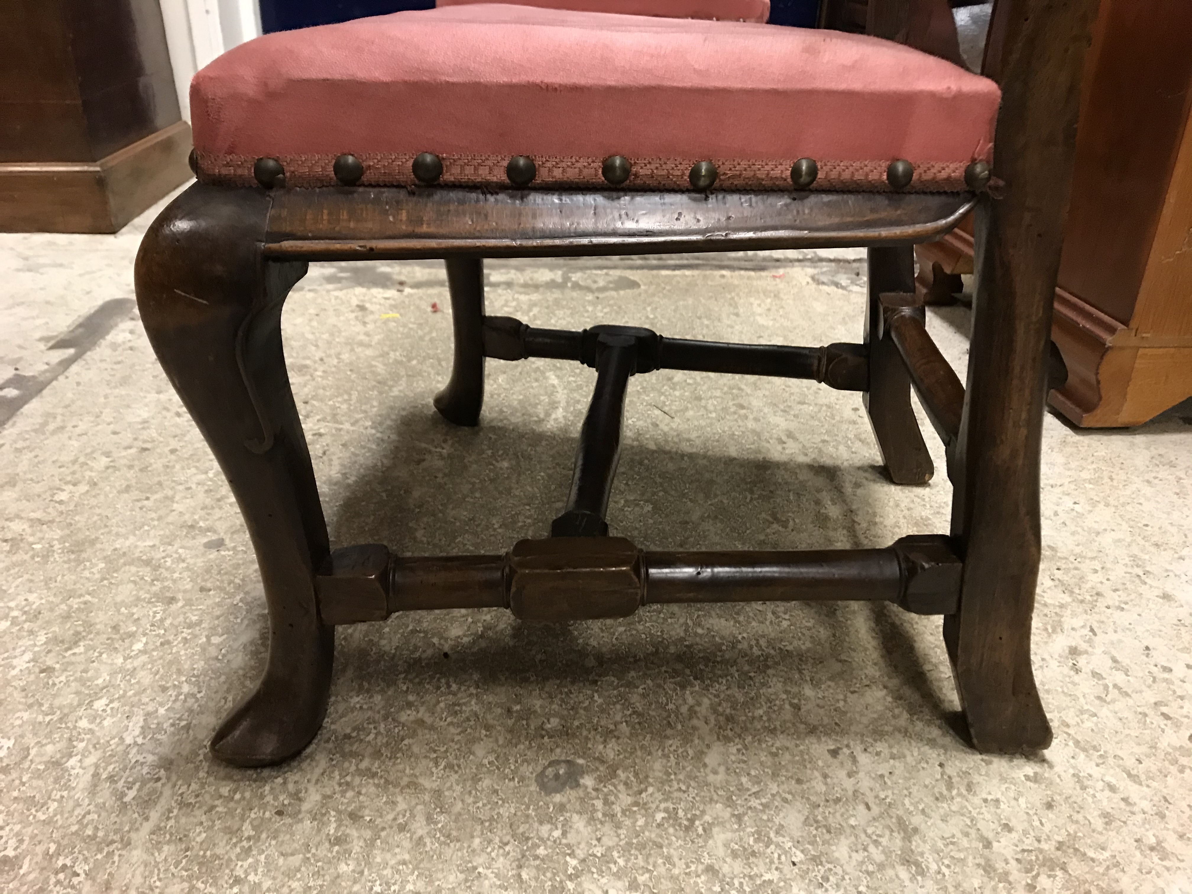 A pair of 18th Century walnut framed low chairs with scroll carved top rail and vase shaped back - Image 11 of 51