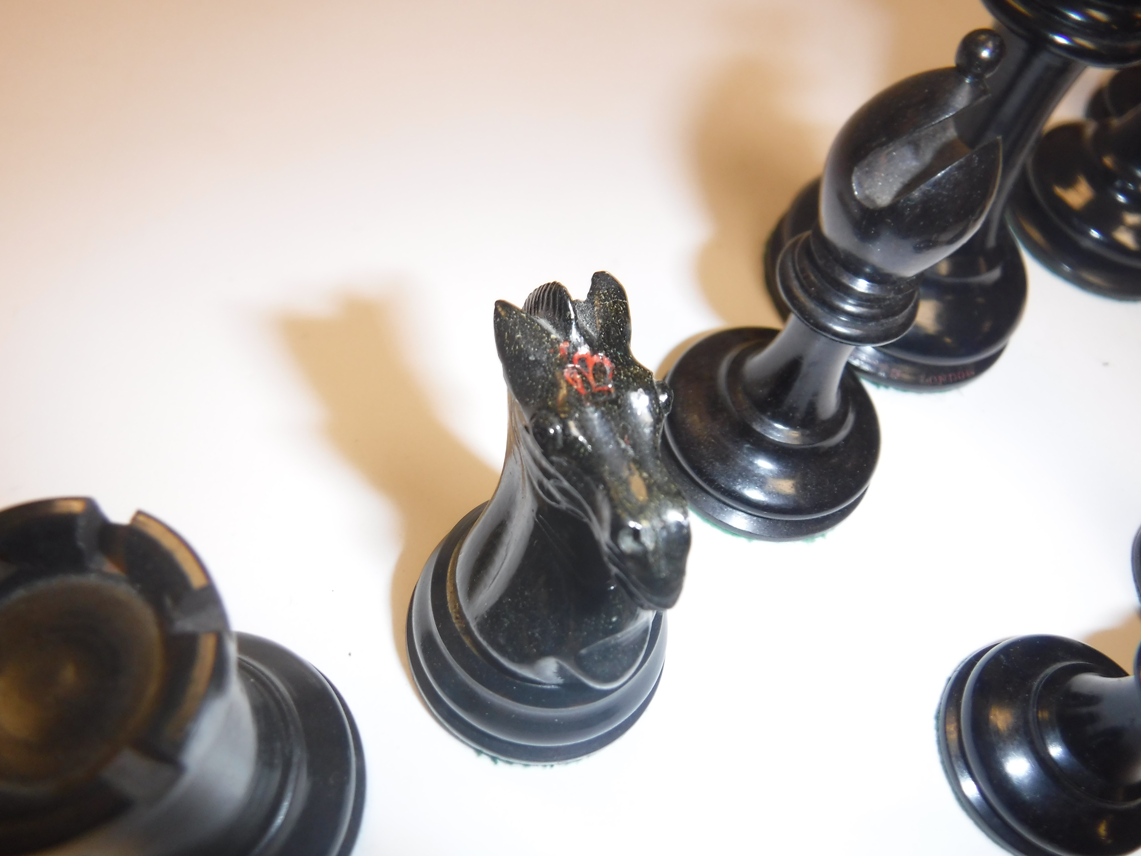 A Staunton chess set by Jacques & Son of London in boxwood and ebonised form (one rook with dog - Image 13 of 25