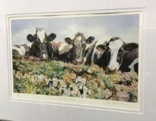 AFTER SUE HASEMAN "On the cliffs at Lizard Head", study of cattle, colour print,