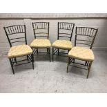 A set of four painted/gilded simulated bamboo framed chairs with buttoned upholstered seats,