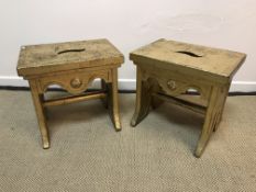 A pair of side tables as large leather bound ledgers on a stool, 40.