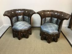 A pair of modern Middle Eastern teak and mother of pearl inlaid chairs,