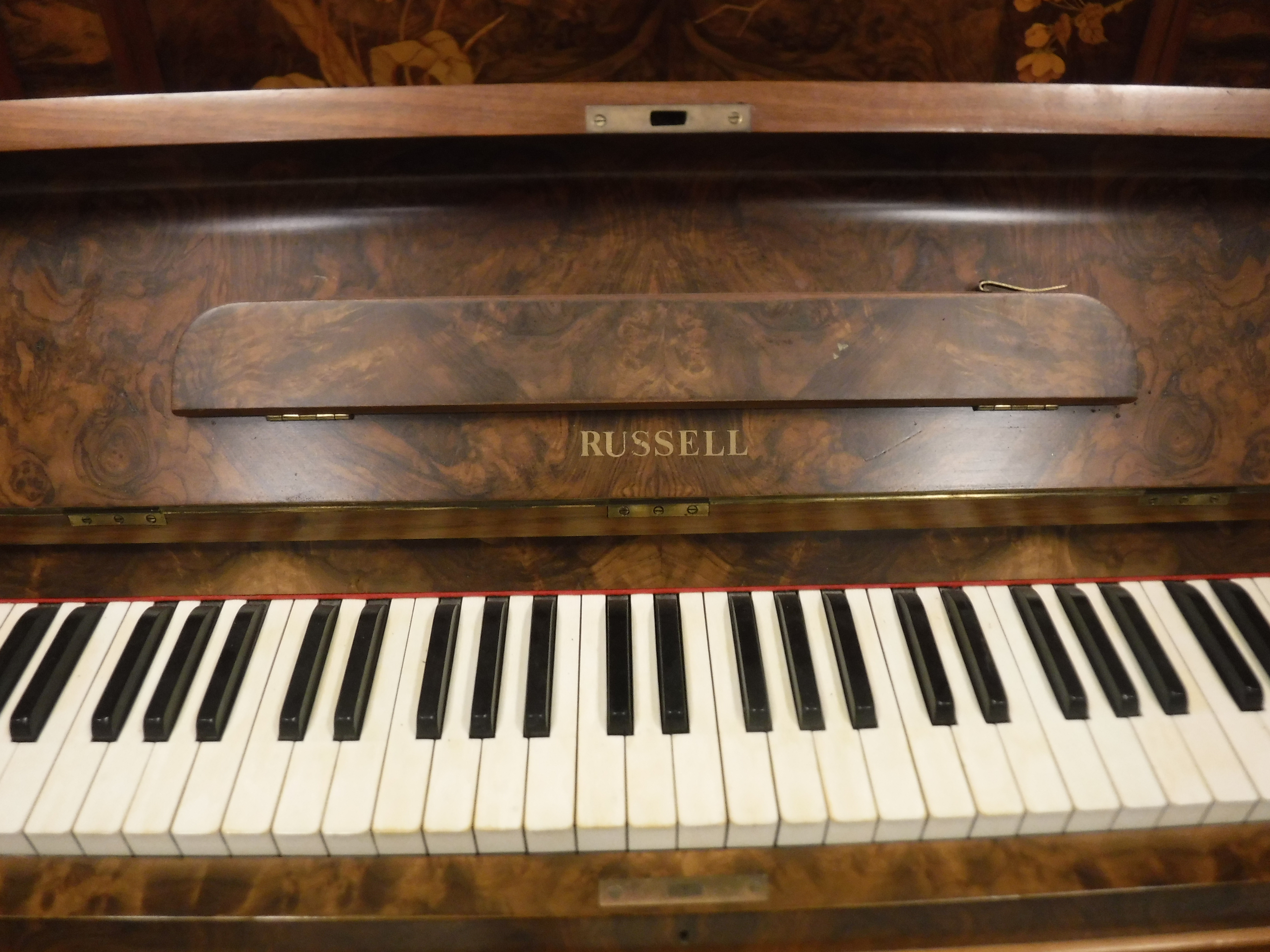 A Russell burr walnut cased upright piano with inlaid decoration and straight string iron framed - Image 2 of 2