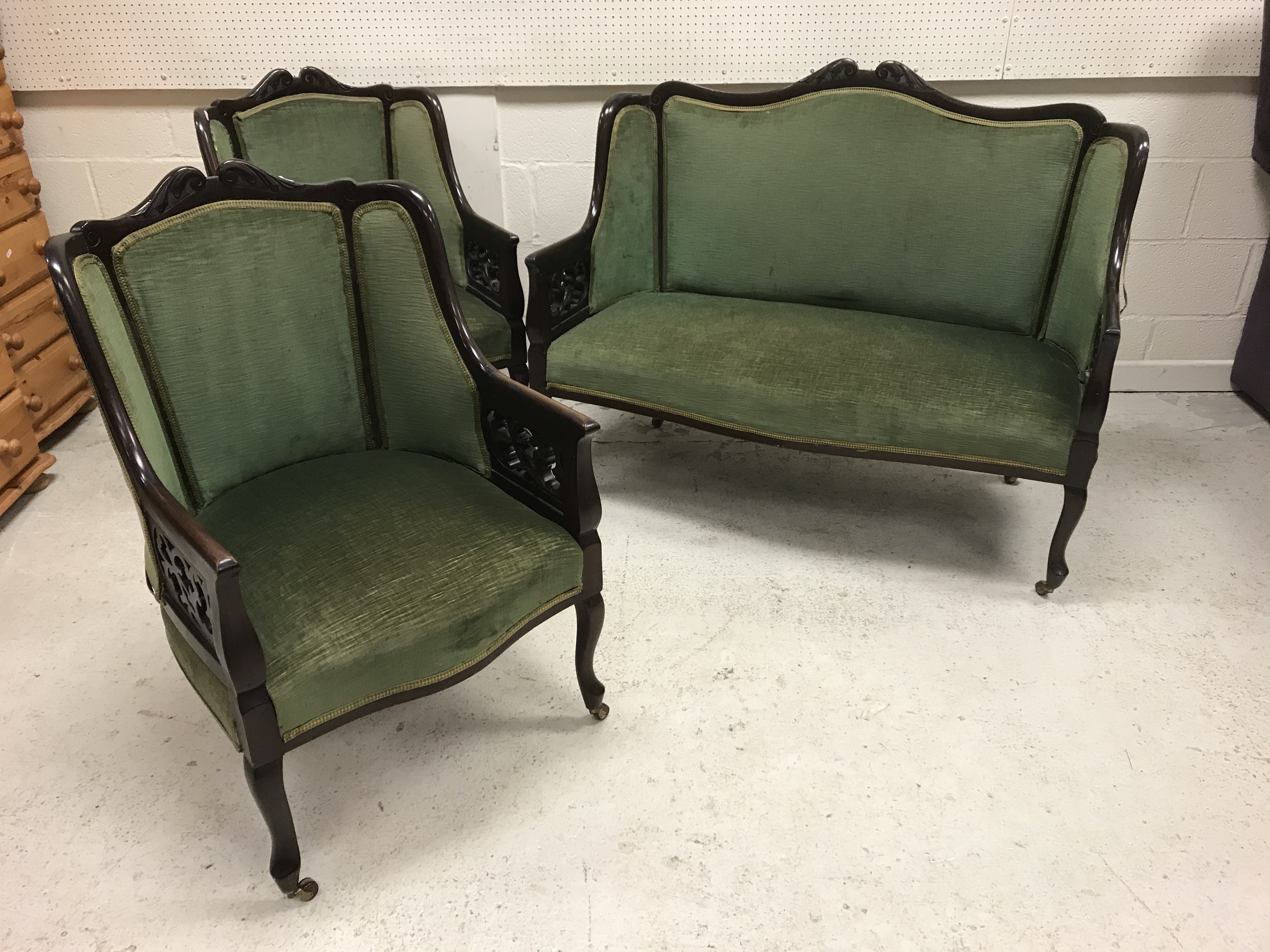 An Edwardian mahogany seven piece salon suite comprising two seat sofa, 123 cm wide, - Image 2 of 3