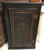 An 18th Century lacquered and chinoiserie decorated hanging corner cupboard,