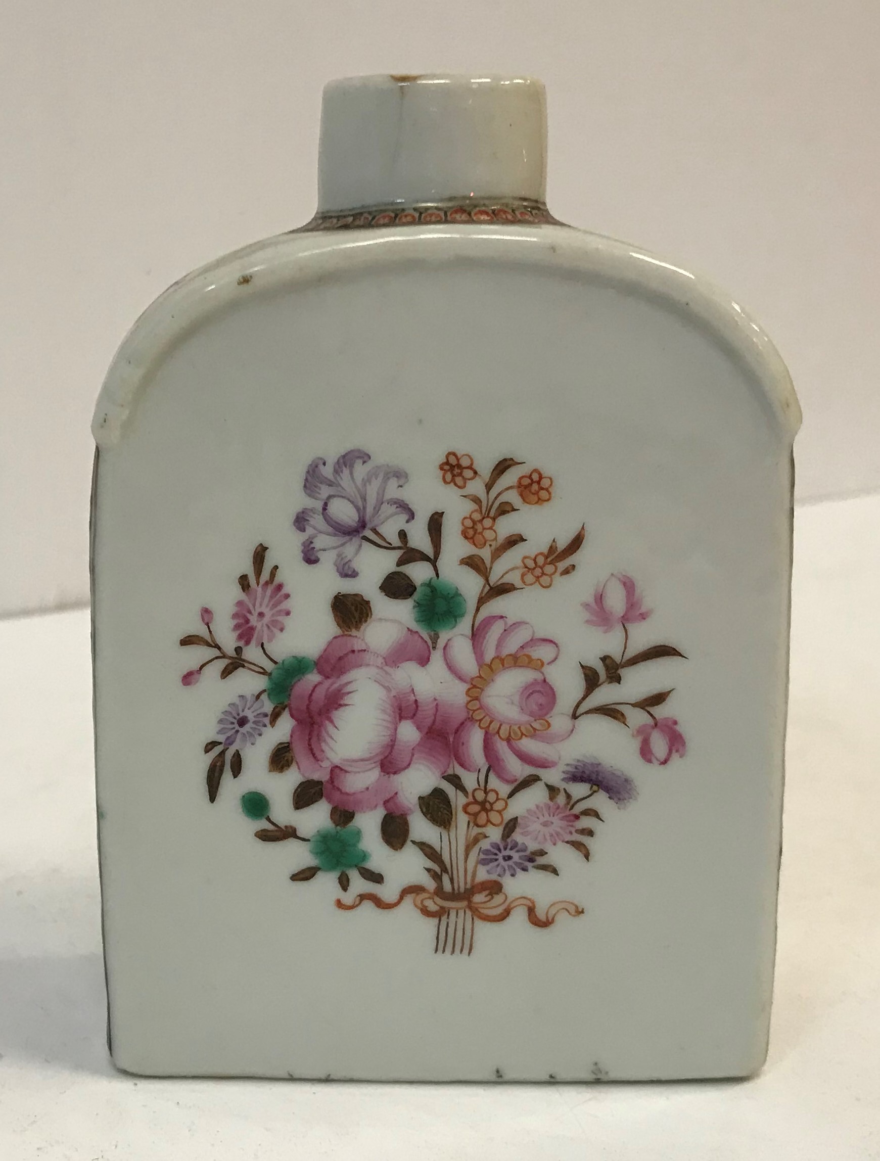 A 19th Century Chinese polychrome decorated tea caddy with floral spray decoration (two hairline