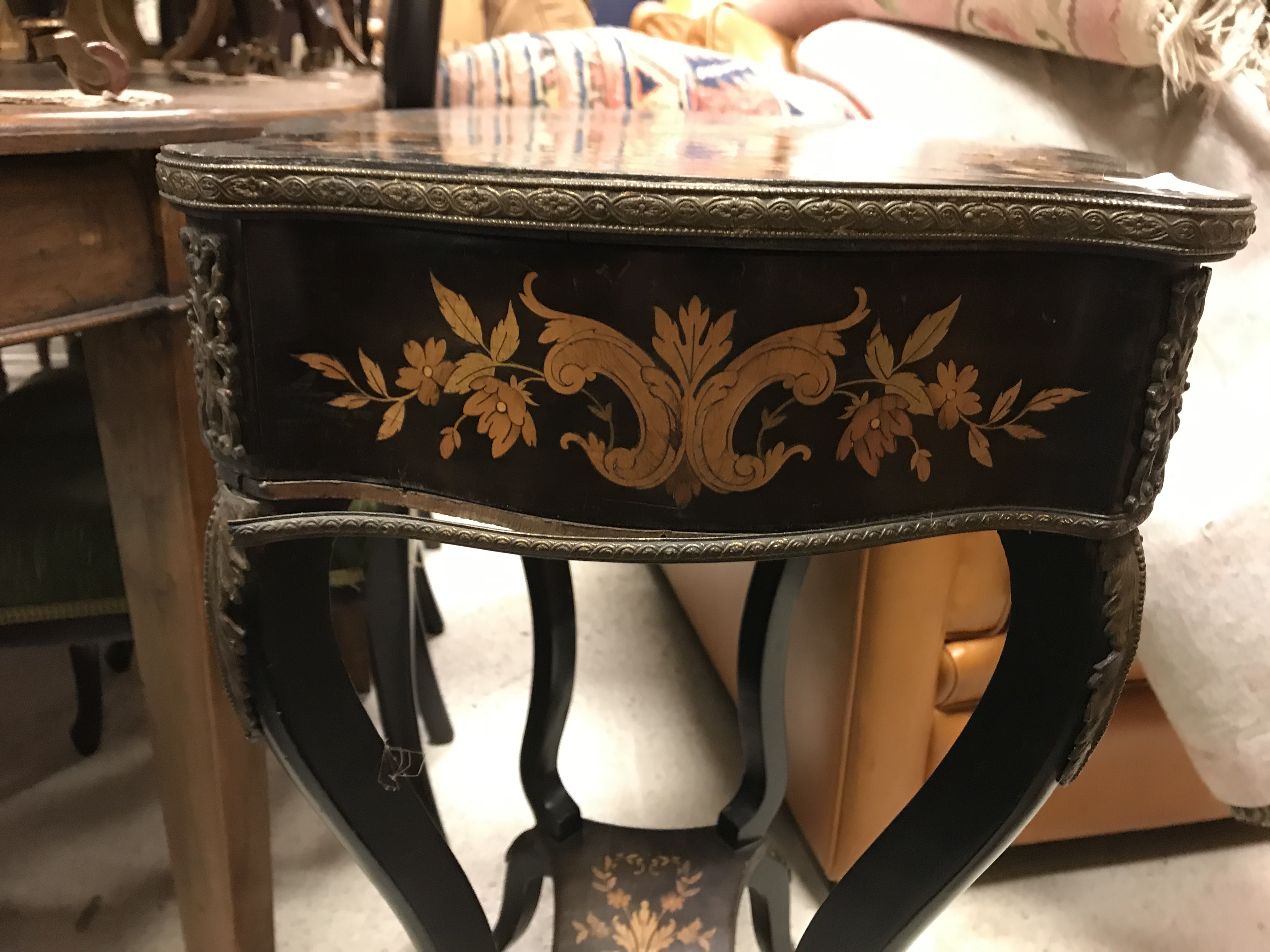 A late 19th Century ebonised and marquetry inlaid work table, - Image 13 of 23