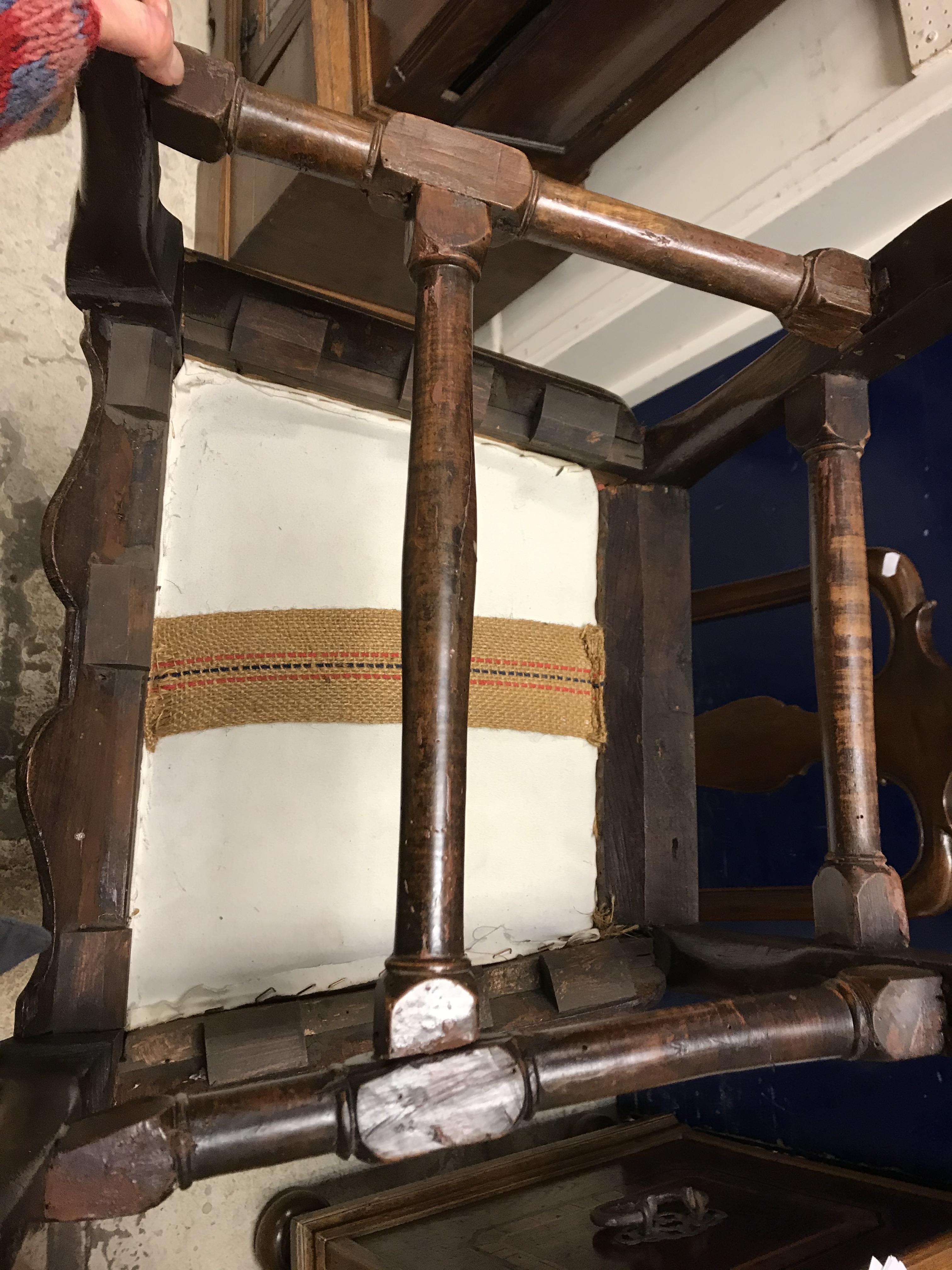 A pair of 18th Century walnut framed low chairs with scroll carved top rail and vase shaped back - Image 26 of 51