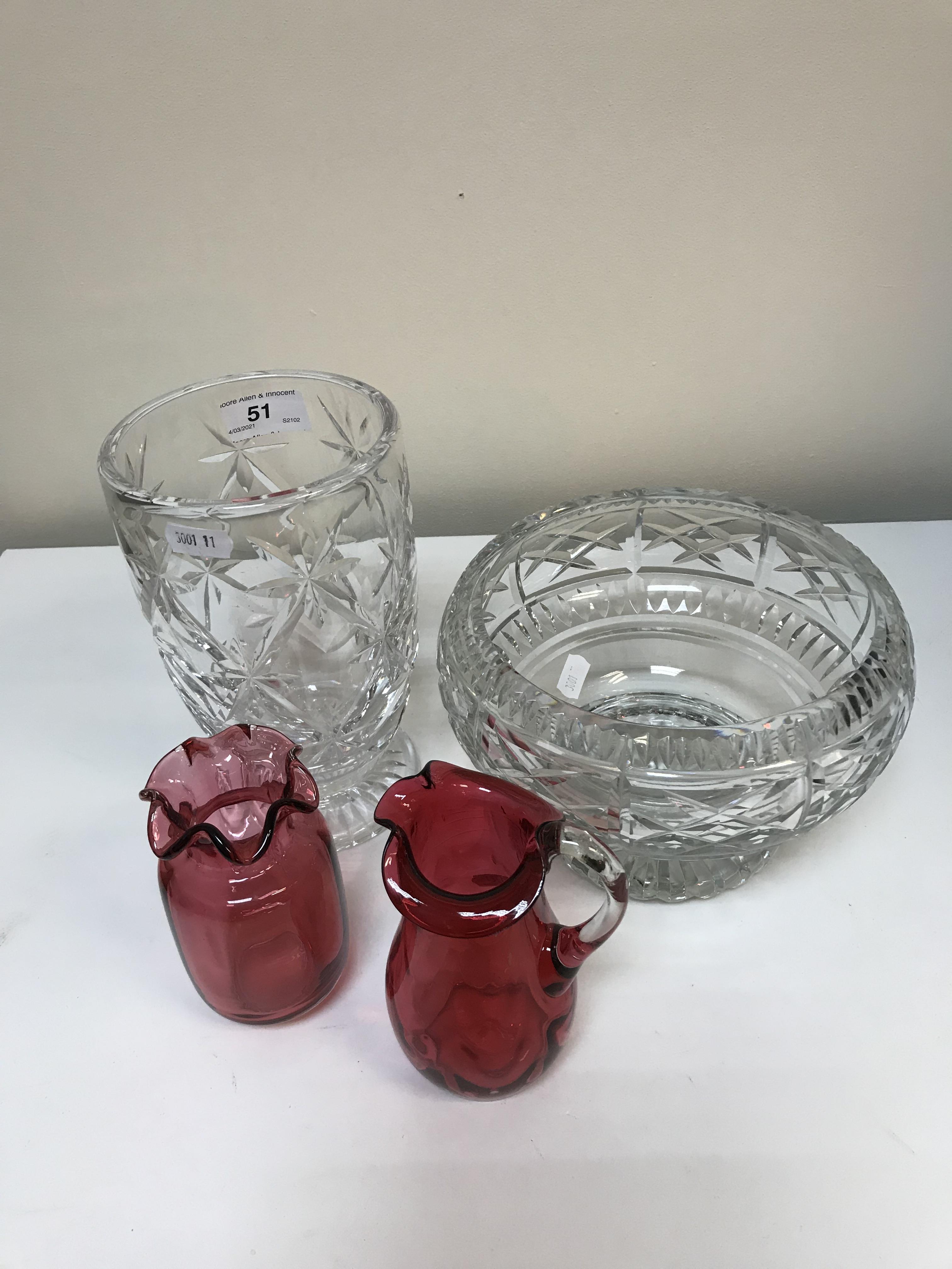 A collection of various cut glass ware to include two fruit bowls one Brierley, two jugs,