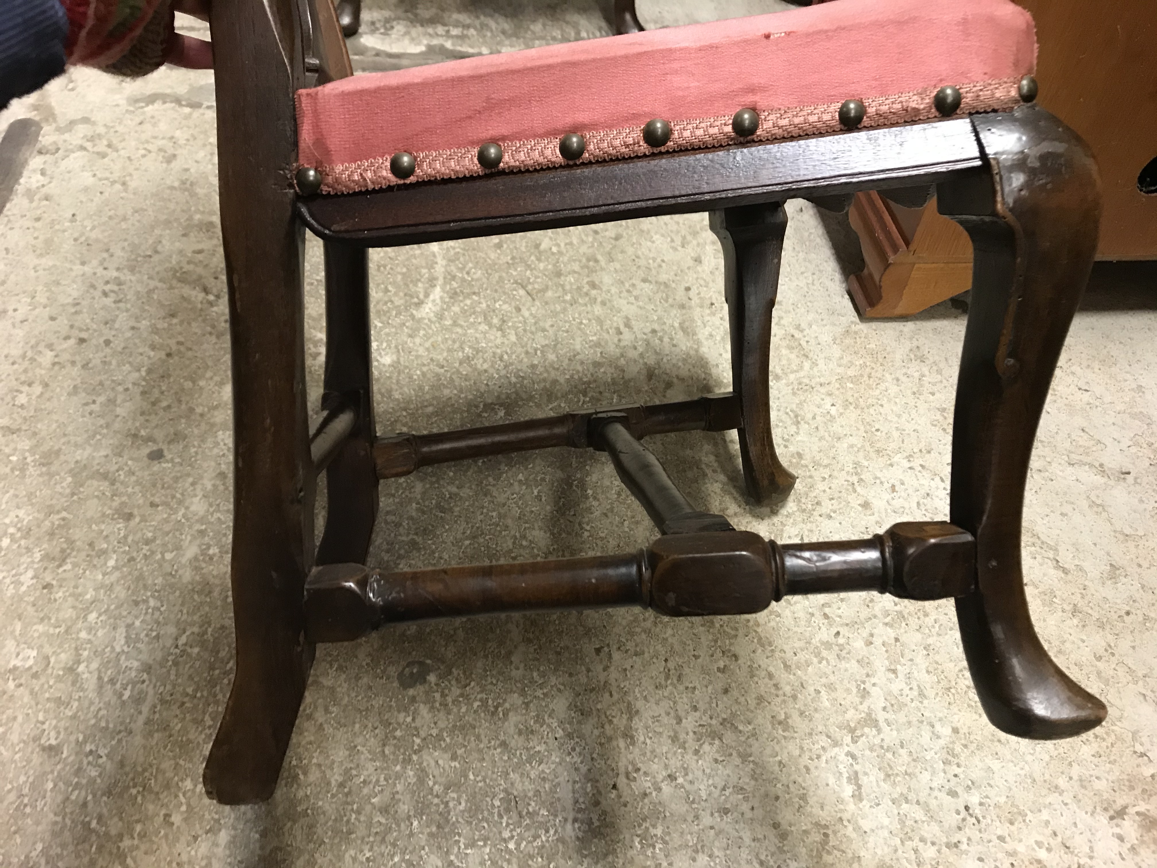 A pair of 18th Century walnut framed low chairs with scroll carved top rail and vase shaped back - Image 20 of 51