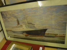 A collection of framed and glazed prints of ships to include "The QE2 departing Southampton",