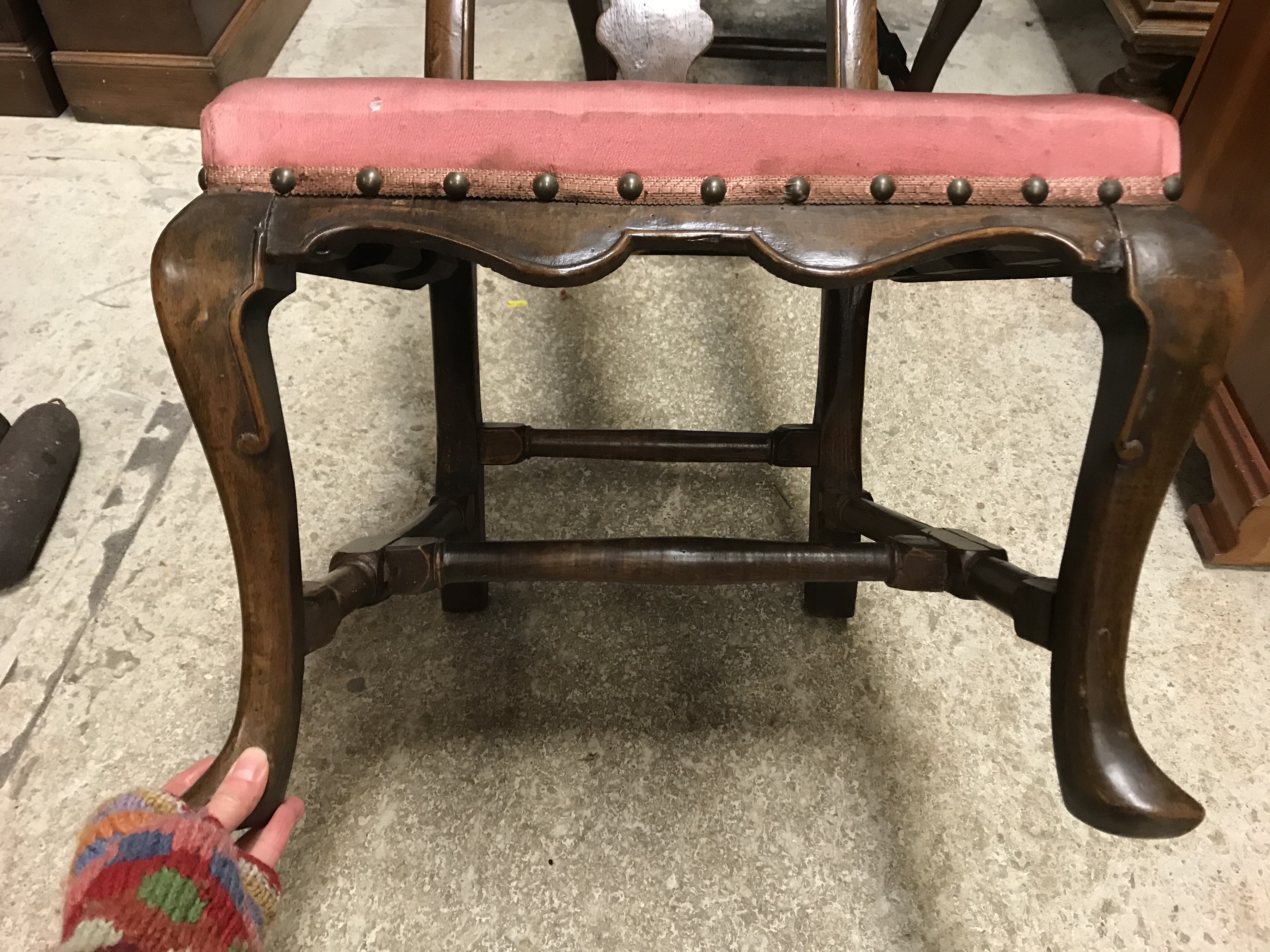 A pair of 18th Century walnut framed low chairs with scroll carved top rail and vase shaped back - Image 8 of 51