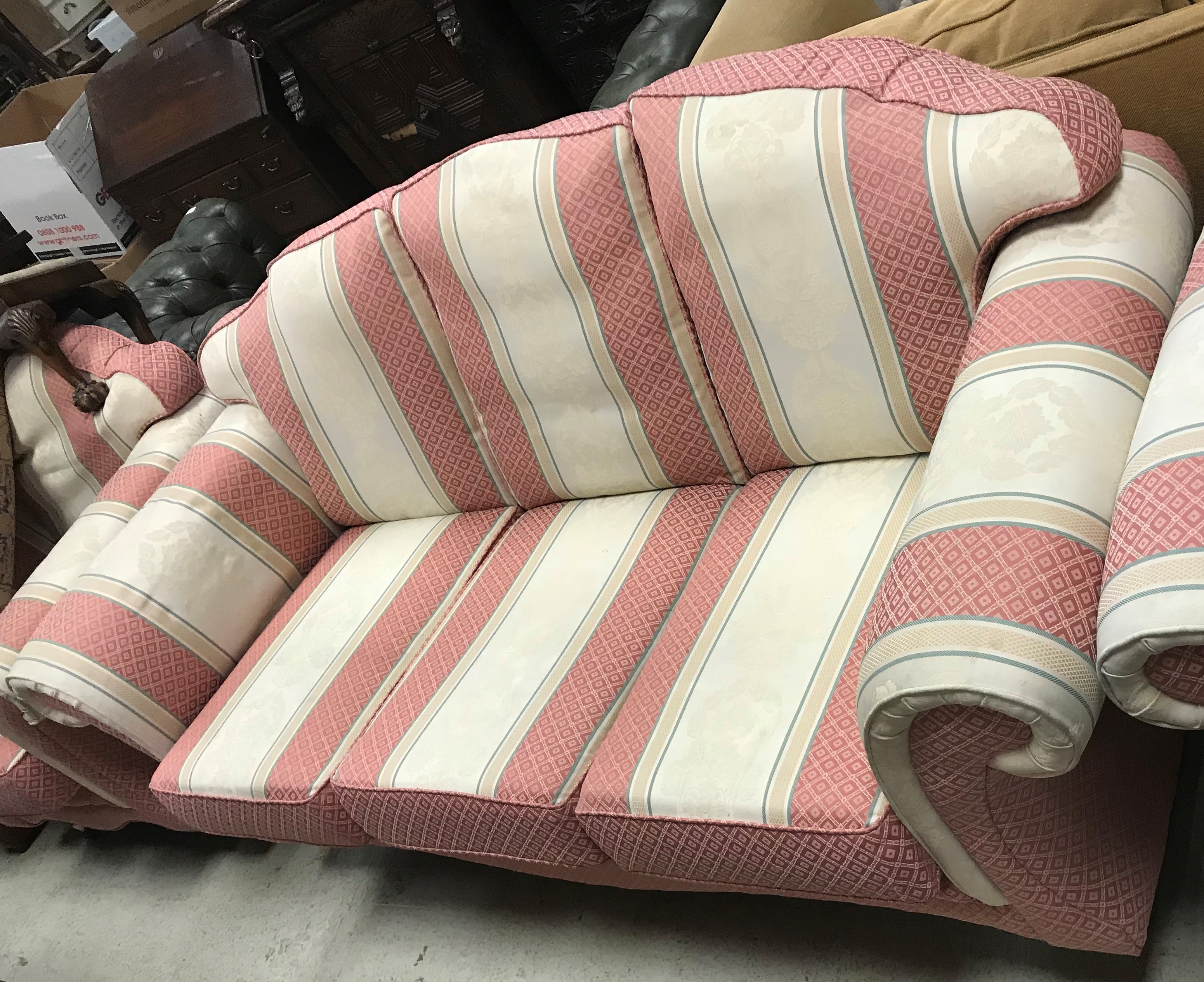 A modern pink and cream striped patterned upholstered scroll arm three piece suite comprising three - Image 2 of 2