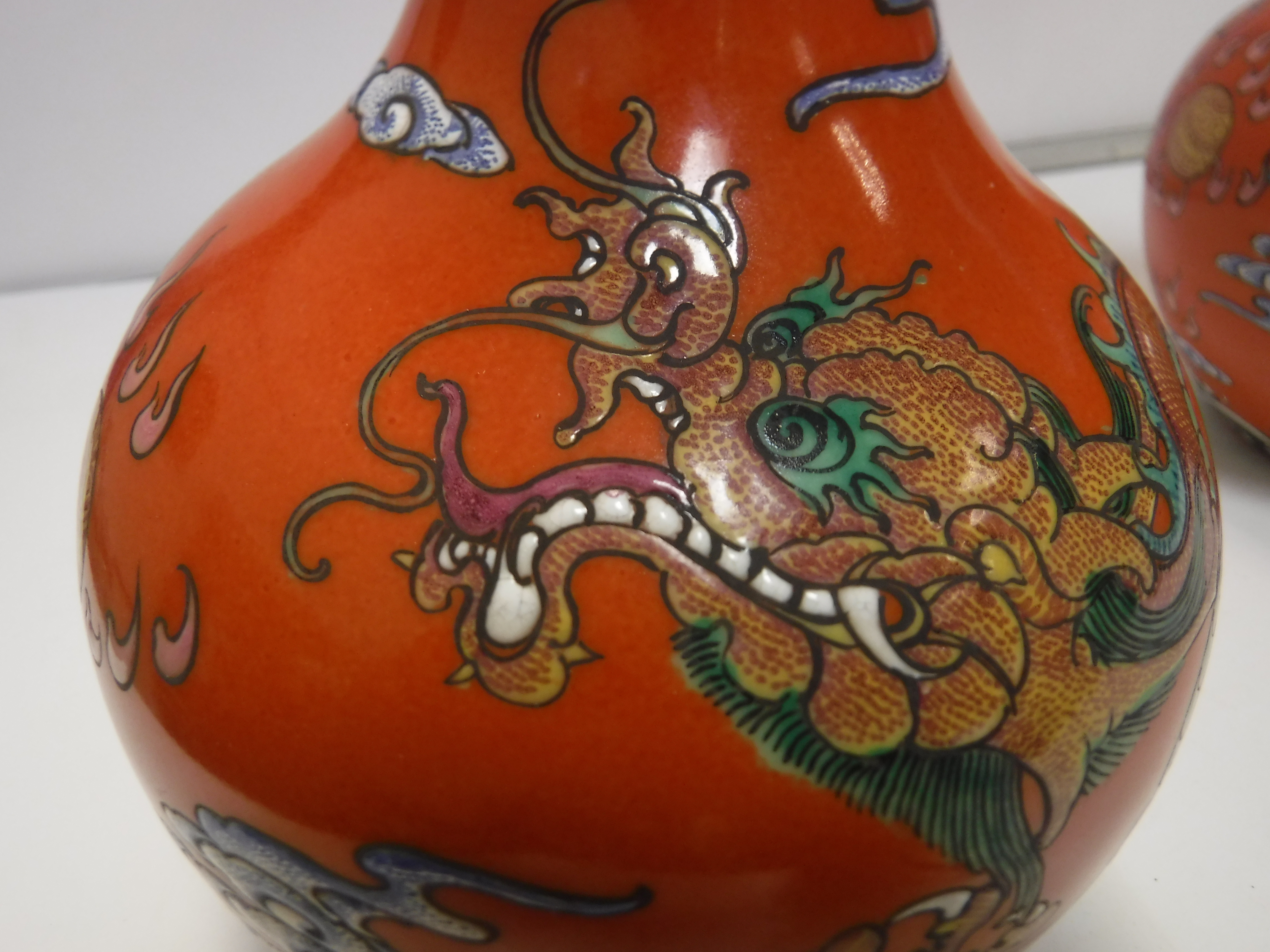 A pair of circa 1900 Chinese oxide red ground five toed dragon decorated vases bearing blue - Image 14 of 18