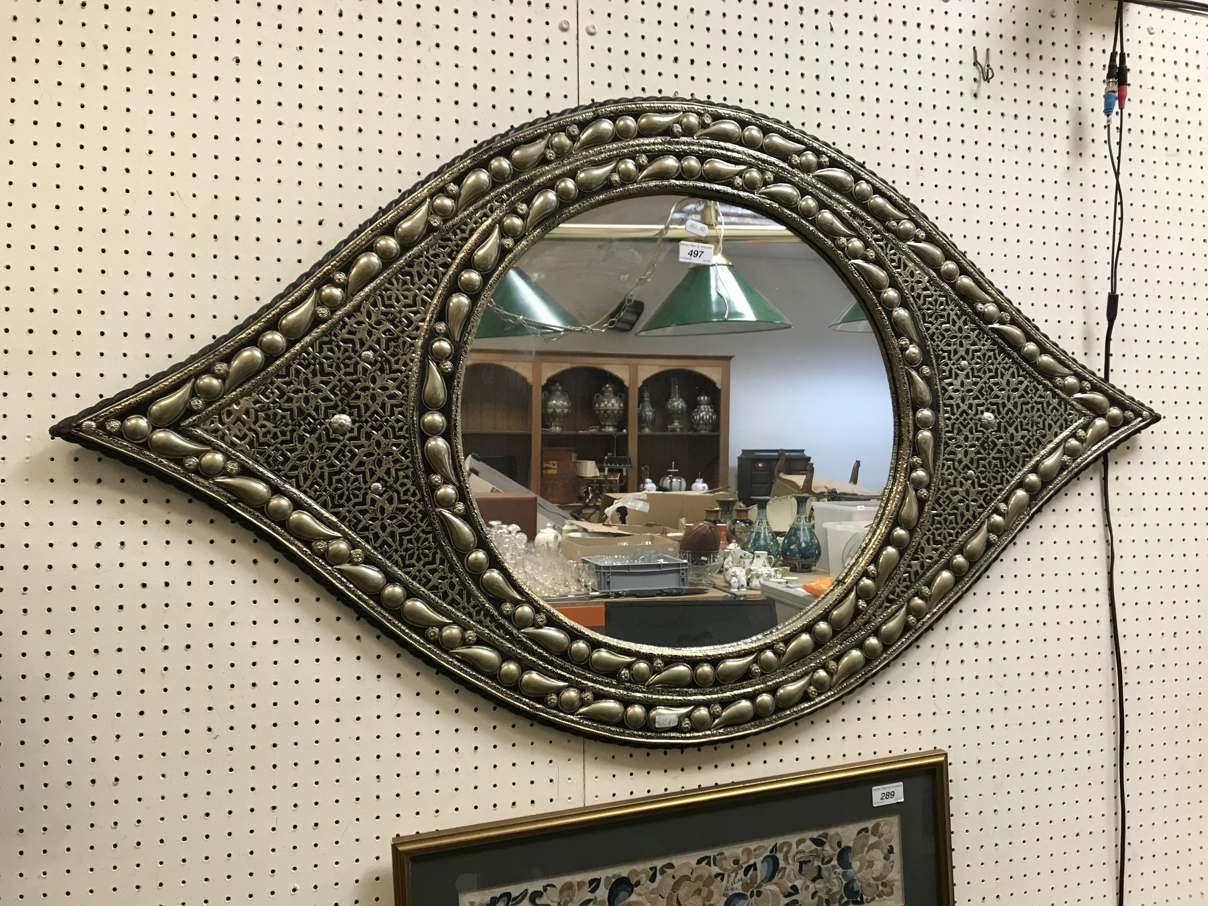 A modern lotus leaf (or eye) framed white metal embellished circular wall mirror, - Image 2 of 2