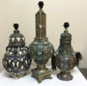 Three various white metal mounted pottery vase table lamps (probabaly Morrocan),