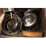 Two boxes of assorted kitchenalia to include saucepans, utensils, etc,