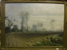 MAURICE TAQUOY (1878-1952) "Ploughed field with crows alighting", landscape study, oil on canvas,