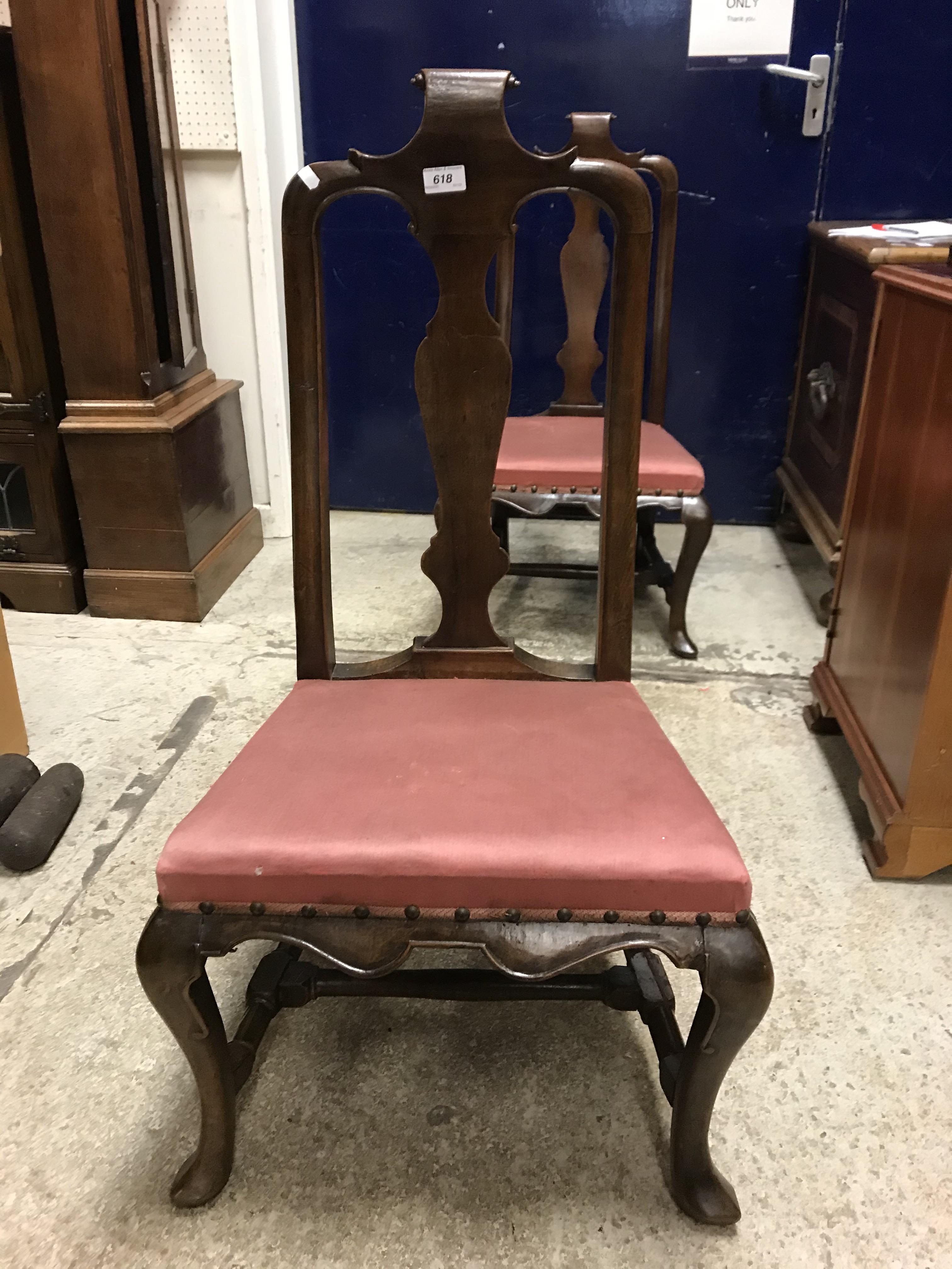 A pair of 18th Century walnut framed low chairs with scroll carved top rail and vase shaped back - Image 4 of 51