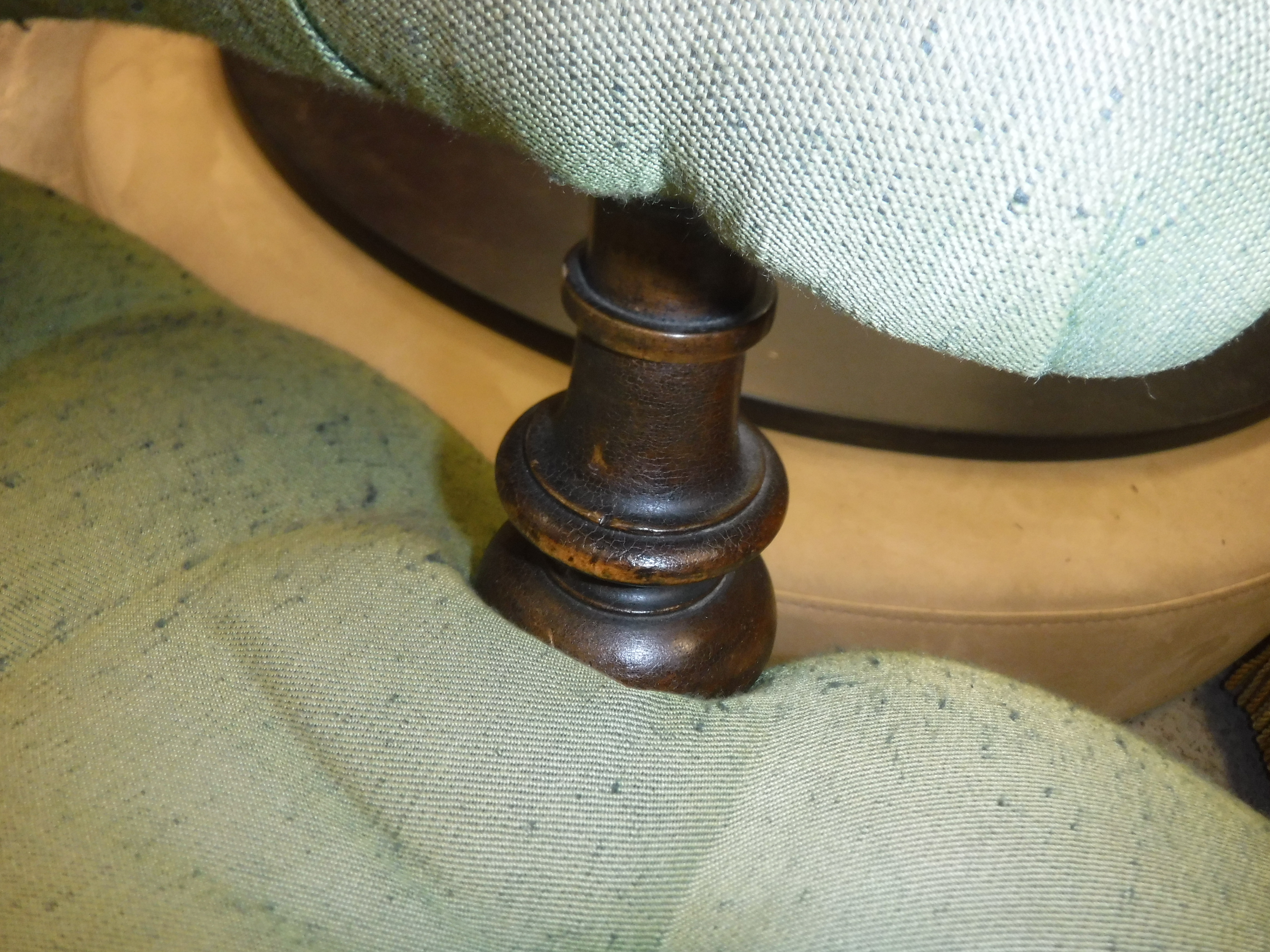 A Victorian green buttoned upholstered open arm chair on turned legs to castors, - Image 5 of 12