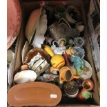 A box of assorted ornamental wares to include figurines,