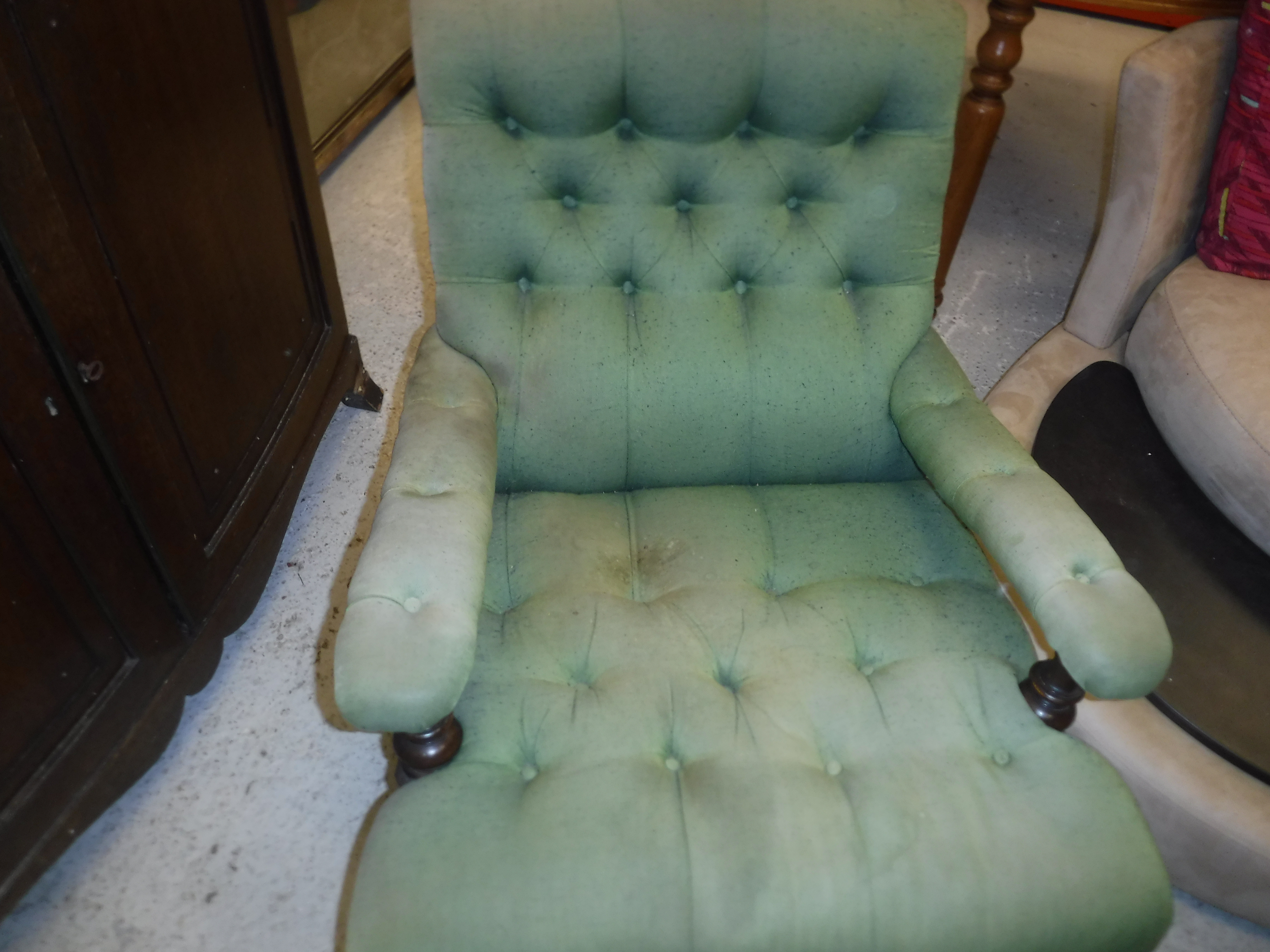 A Victorian green buttoned upholstered open arm chair on turned legs to castors, - Image 2 of 12