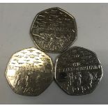 A collection of 50p pieces including "15