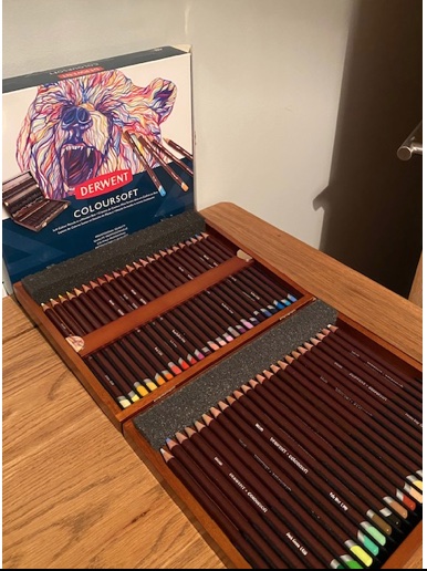 A fantastic set of 48 Derwent Coloursoft pencils in a wooden presentation case.