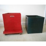 2 x 15” (38cm) toy box cubes in stained wood (one blue/one red) and stand/trolley.