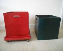 2 x 15” (38cm) toy box cubes in stained wood (one blue/one red) and stand/trolley.