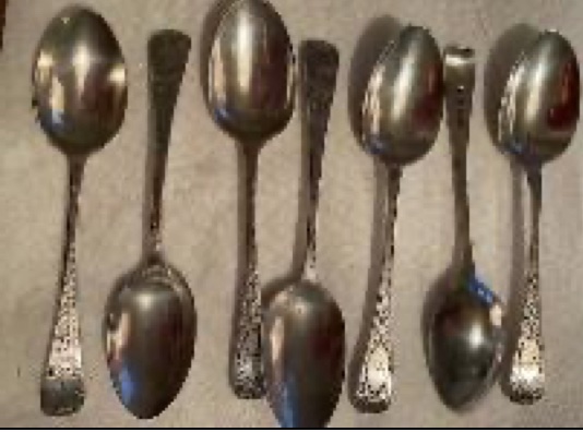 Set of 7 (2 designs) silver hallmarked tea spoons Donated by ANON