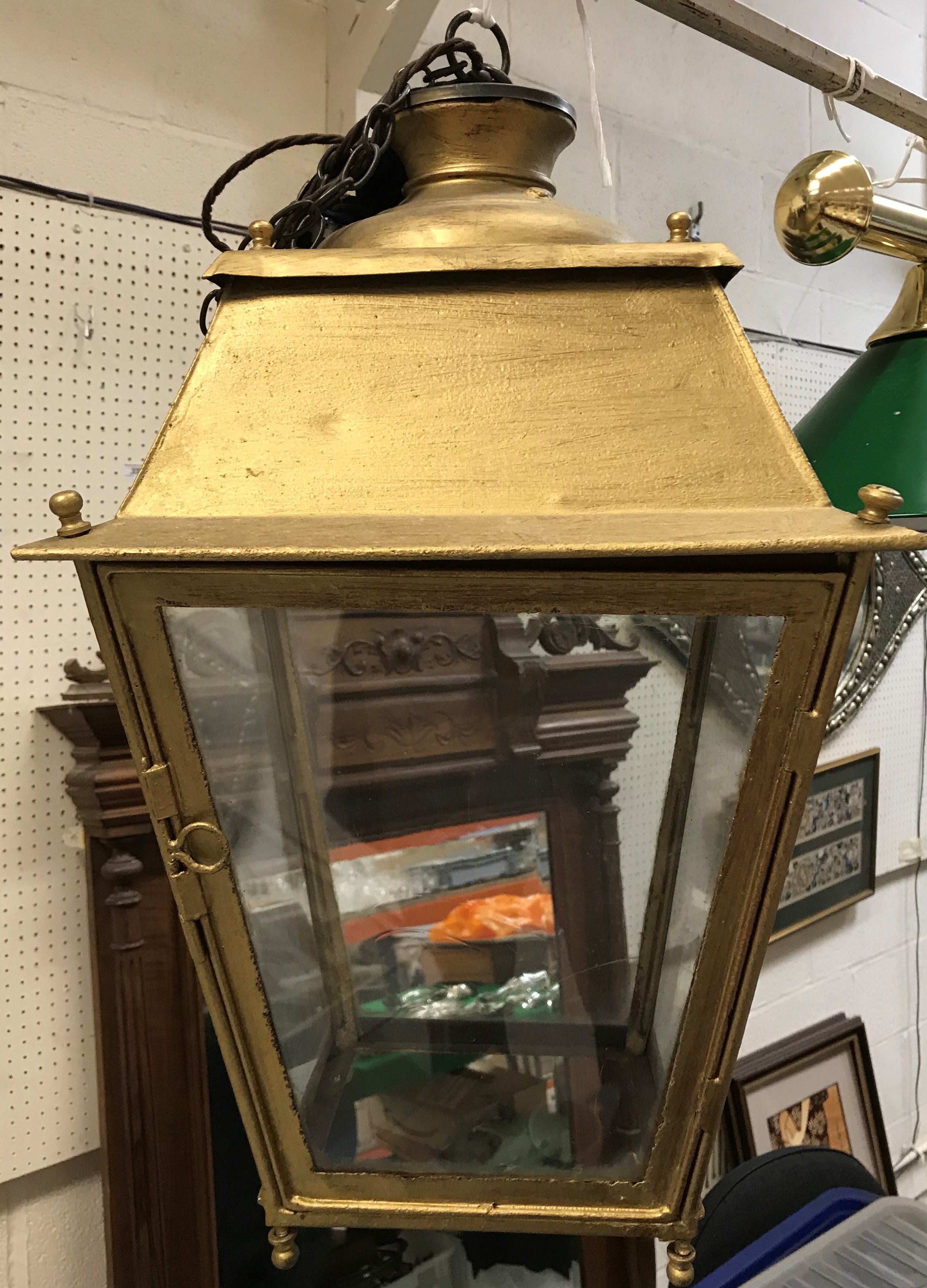 A pair of gold-painted metal and glazed hall lanterns or exterior lanterns of square tapering form, - Image 2 of 2