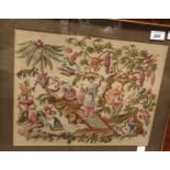 An early 19th Century woolwork embroidery of a "Chinoiserie Garden Scene with Woman Catching Carp