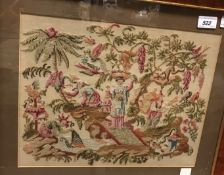 An early 19th Century woolwork embroidery of a "Chinoiserie Garden Scene with Woman Catching Carp