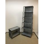 A pair of modern galvanised stacking shelves of five tiers,