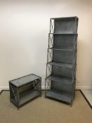 A pair of modern galvanised stacking shelves of five tiers,