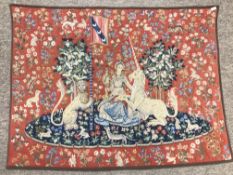 A modern machine woven tapestry of "Lion and Unicorn" approx 91.5 cm x 67.