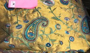 A large quantity of silk type material with gold ground and turquoise,