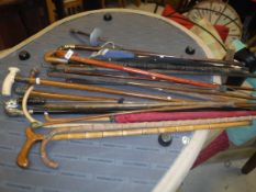 A collection of walking sticks to include a Victorian malacca cane ivory handled stick with silver